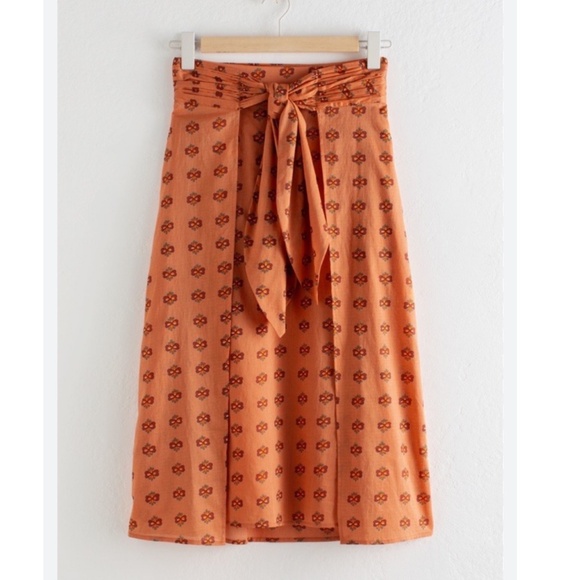 Anthropologie & Other Stories Skirt Printed Tie Front Midi Skirt Orange Size 4 - Picture 16 of 16
